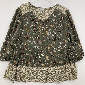 Poppy & Whimsy size 1X Green Beige Floral Boho Print Ultra Soft Top Cottagecore